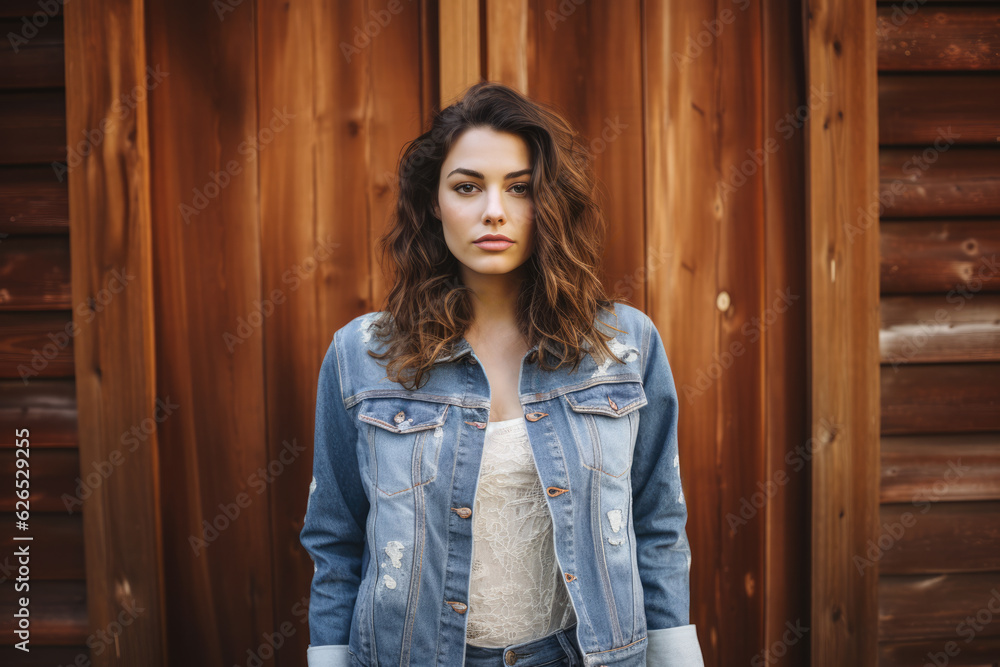 Fototapeta premium Closeup of a young woman wearing a denim jacket against a wood background. Generative AI.
