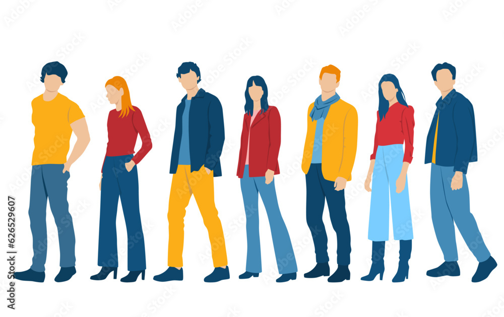 Fototapeta premium Set of young men and women, different colors, cartoon character, group of silhouettes of standing business people, students, the design concept of flat icon, isolated on white background
