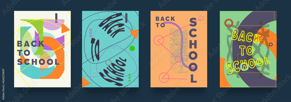 Back to School with Geometric Shapes, Contemporary Design Elements, Modern Typography. Pattern Retro Templates for Banner, Poster, Card, Cover, Ads. Vector Illustration.