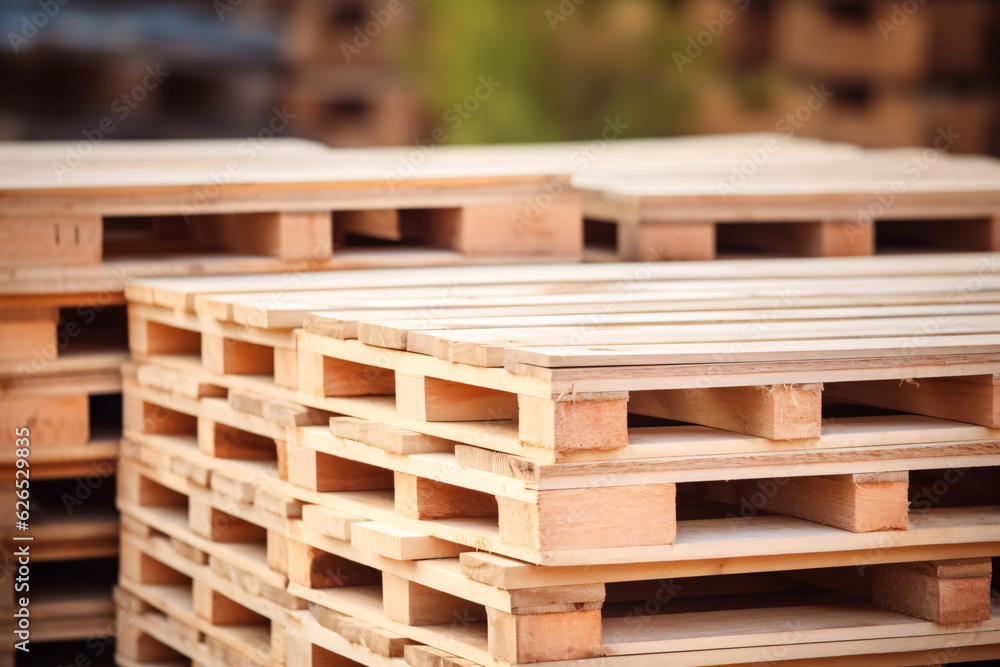 Stack of wooden pallet. Industrial wood pallet at factory warehouse. Cargo and shipping. Sustainability of supply chains. Eco-friendly and sustainable properties. Renewable wood pallet. Generative AI. Stack of wooden pallet. Industrial wood pallet at factory warehouse. Cargo and shipping. Sustainability of supply chains. Eco-friendly and sustainable properties. Renewable wood pallet. Generative AI.