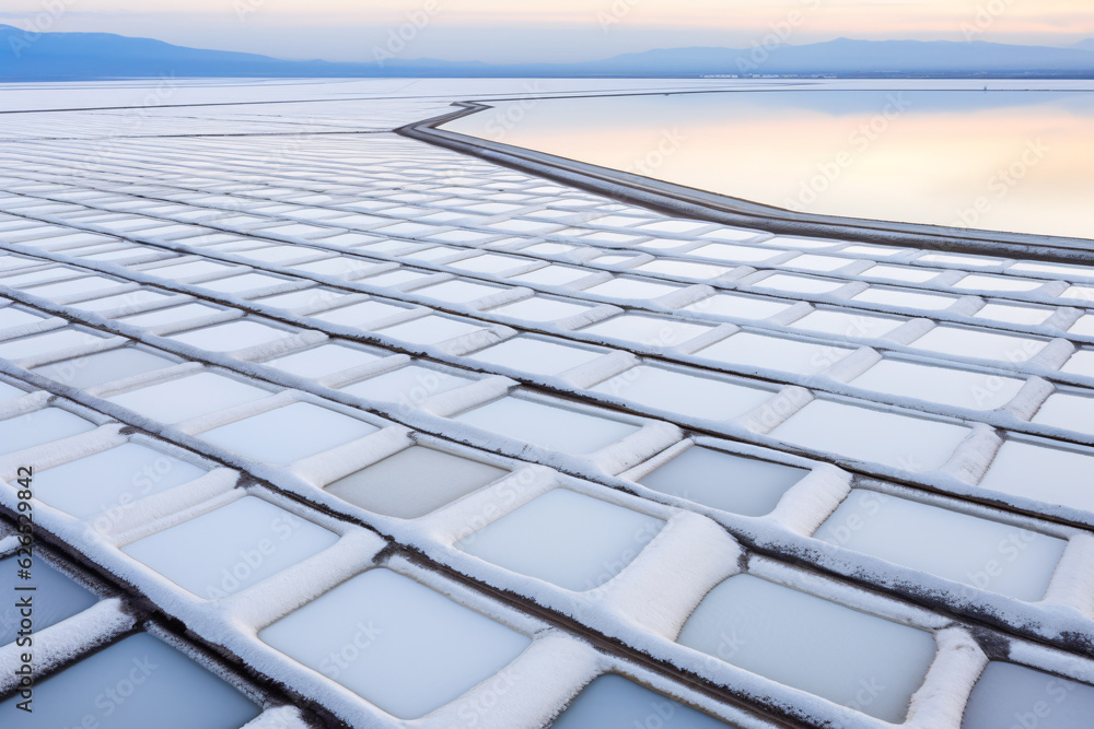 Fototapeta premium Sea salt farm. Pile of white salt. Raw material of salt industrial. Sodium Chloride mineral. Evaporation and crystallization of sea water. White salt harvesting. Agriculture industry. Generative AI