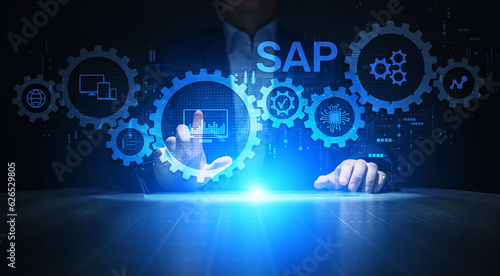 SAP software business process automation. ERP enterprise resource planning system on virtual screen.