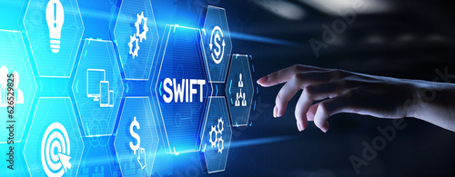 SWIFT Society for Worldwide Interbank Financial Telecommunications money transfer banking technology concept.