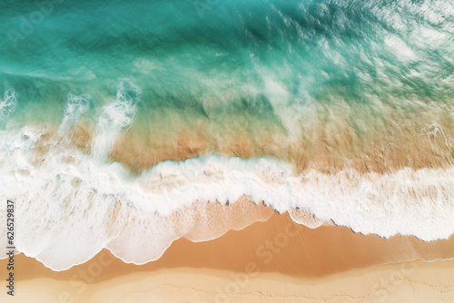 Aerial view of golden sand beach by the sea with emerald green sea water. Summer vacation on tropical paradise beach concept. Ripple of water splash on sandy beach. Summer vibes. Generative AI.