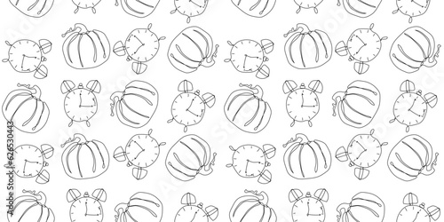 One Line Pumpkin and Alarm clock seamless pattern on white background. Line Art wintertime Wallpaper. Simple black outline gourd in continuous line style. Hand drawn doodle squash. Vector art.