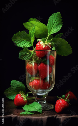 Strawberries in a Glass with Mint Leaves on a black background. Generative AI