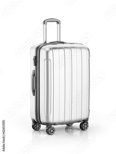 Stylish silver Suitcase on wheels isolated on white. Travel concept - suitcase 3d icon. Transparent background