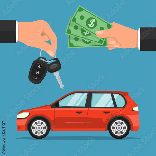 Car sale concept. Dealer giving keys chain to a buyer hand. Customer pays for a car. vector illustration in flat style modern design. isolated on a blue background.