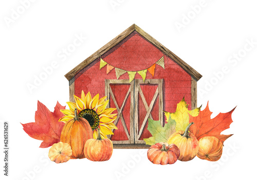 Autumn Wooden Red barn watercolor illustration, Thanksgiving Farmhouse background, Pumpkins harwest decoration photo