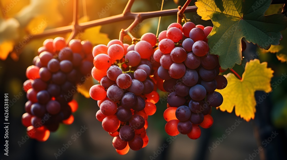 Ripe red grapes on vineyards in autumn harvest at sunset. Tuscany, Italy - obrazy, fototapety, plakaty 