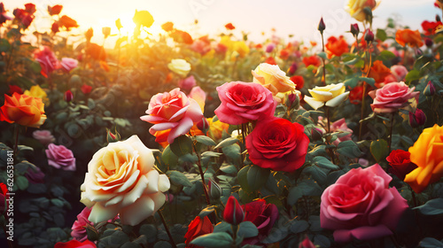 Fototapeta Naklejka Na Ścianę i Meble -  Colorful roses blooming in the garden at sunset. Nature background