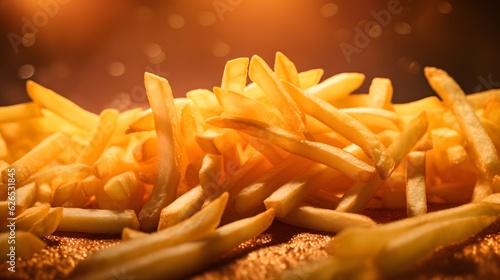 Golden French fries on a gold background. Selective focus. 