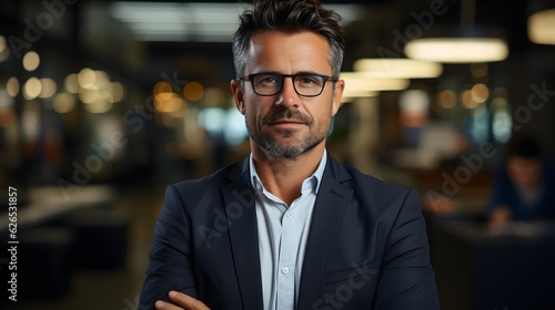 Portrait of handsome businessman with crossed arms looking at camera in office