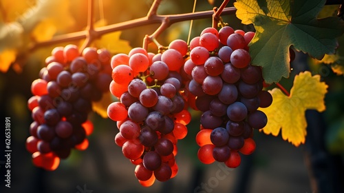 Fotografie, Obraz Ripe red grapes on vineyards in autumn harvest at sunset