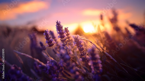 Beautiful purple flowers in the garden at sunset. Nature background. Levander flower on the garden. 