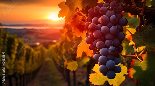 Ripe grapes in vineyard at sunset, Tuscany, Italy. 