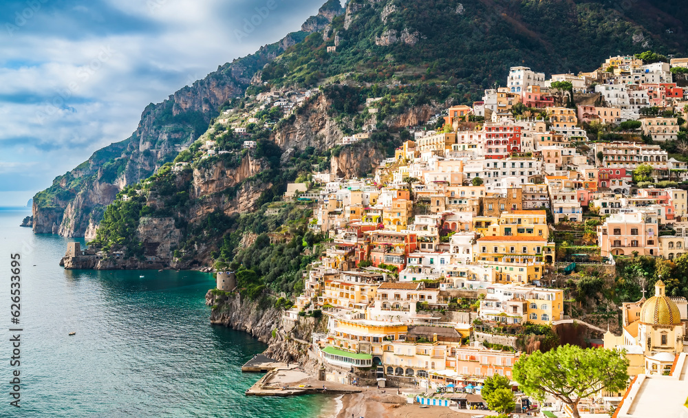 Close view of Positano, houses enclave in the hills.