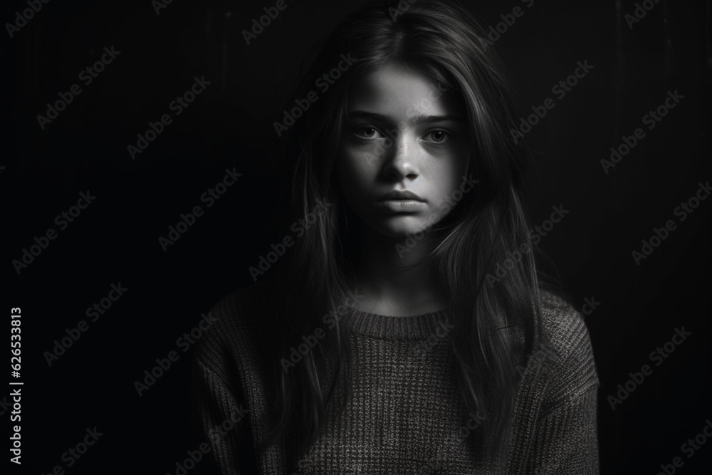 Black and white portrait of sad teenage girl on dark background, dark light photography