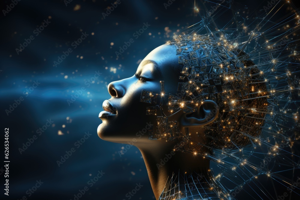 Human brain with digital network behind an image on a dark background, created with generative ai Human brain with digital network behind an image on a dark background, created with generative ai