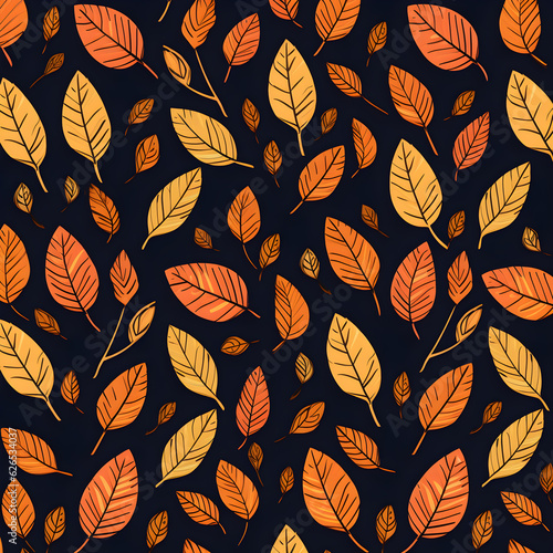 Autumn pattern with leaves of different autumn colors on black background. Wallpaper autumn
