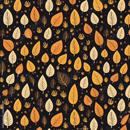 Autumn pattern with leaves of different autumn colors on black background. Vector autumn decoration