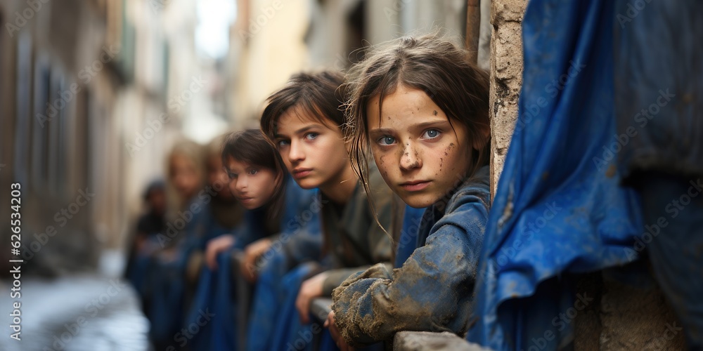 Children waiting for a blue flag in the style of post-apocalyptic backdrop  or poster, created with generative ai