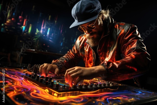 Elder middle aged Dj spinning a record playing music, in the style of luminous light effects, created with generative ai