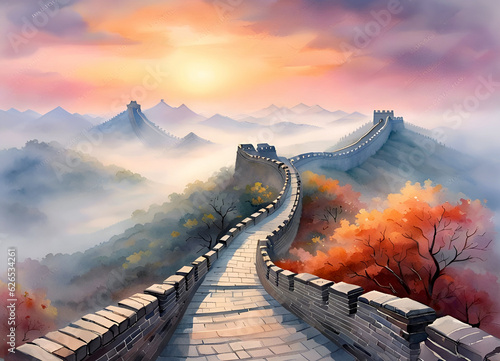 Watercolor painting of the Great Wall of China in the fog.
