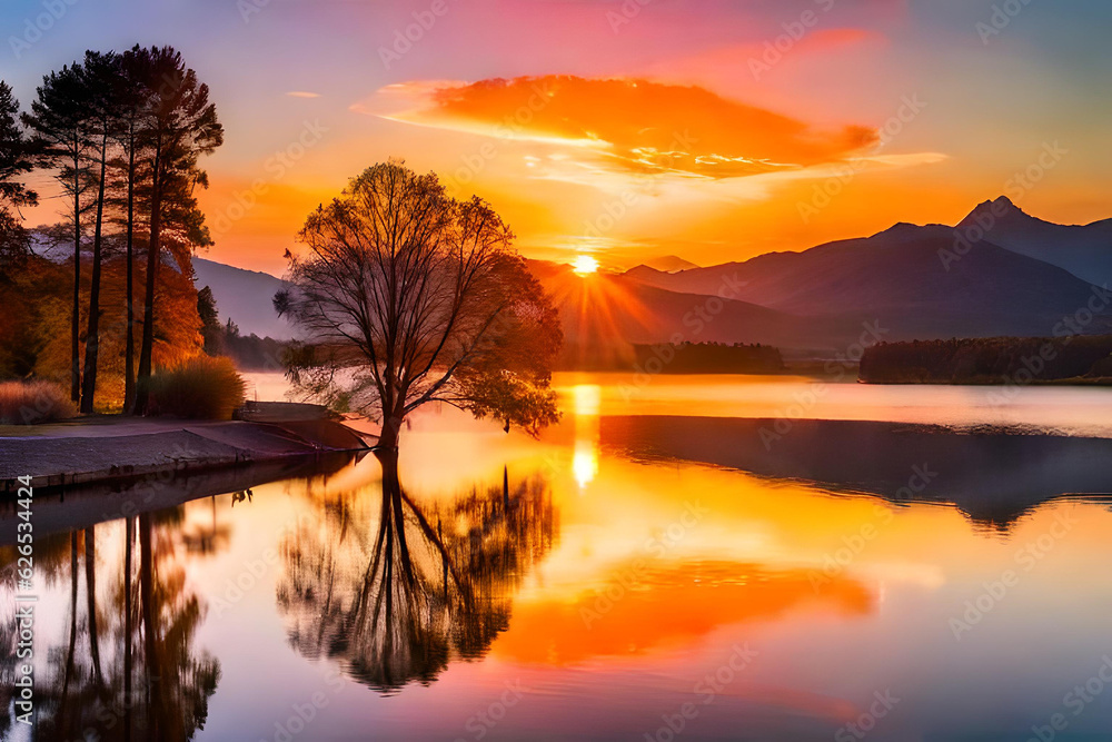 Fototapeta premium As the sun begins its descent, casting a warm golden glow across the landscape, you find yourself standing at the edge of a serene lakeside. The tranquil water reflects the vivid hues of the sky