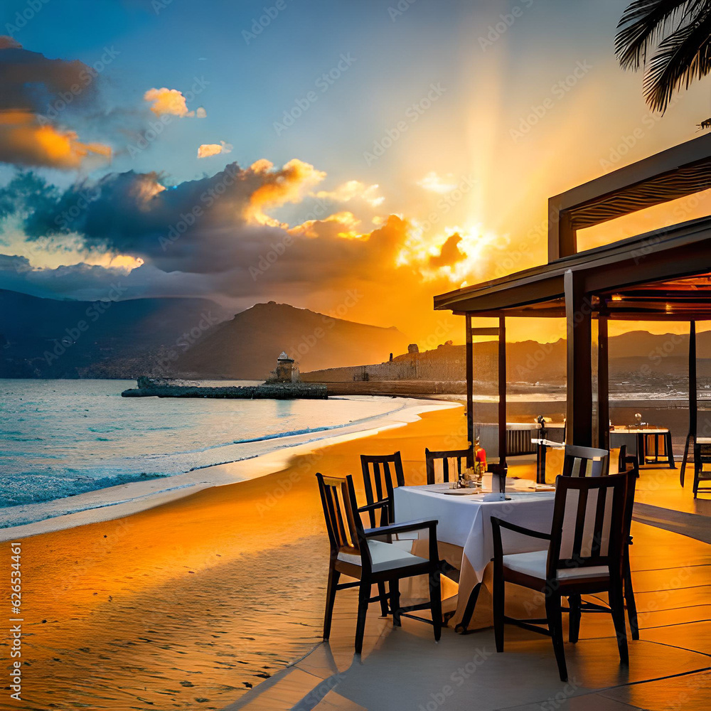 Fototapeta premium A visually captivating and atmospheric image of a lively chiringuito nestled on the idyllic Costa Tropical beach in Andalusia, captured during the enchanting hours of the early sunset