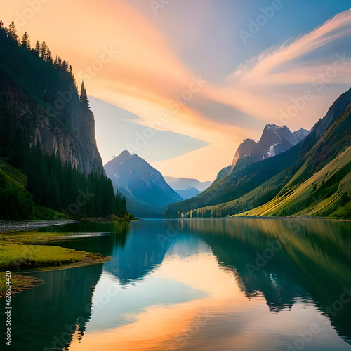 a stunning landscape of a river surrounded by rocky hills and lush trees. The water is crystal clear, reflecting the sky above and the surrounding mountains in its depths © pedro