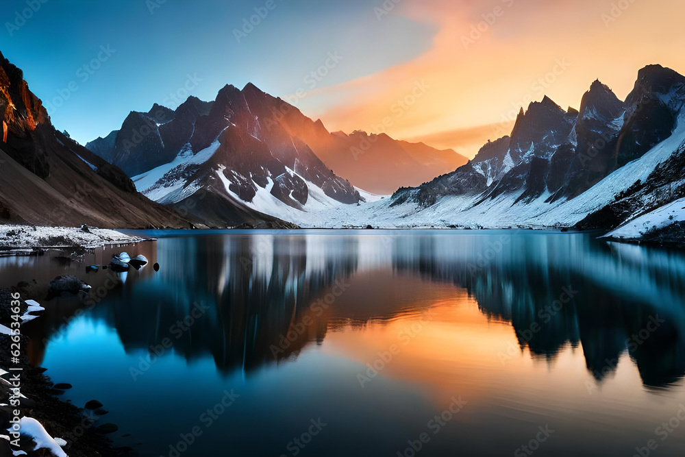 White mountains at background in a lake reflection, calm concept