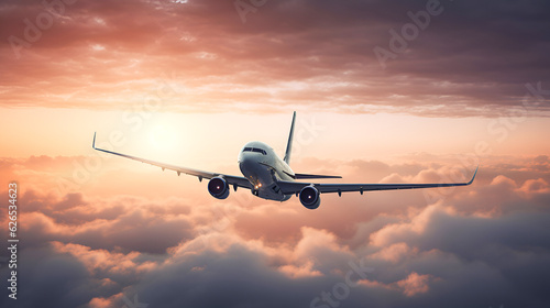 Passenger plane flies among clouds of sunset sunbeams in pink and purple tones. Top view. The concept of travel and passenger transportation. Generation AI.