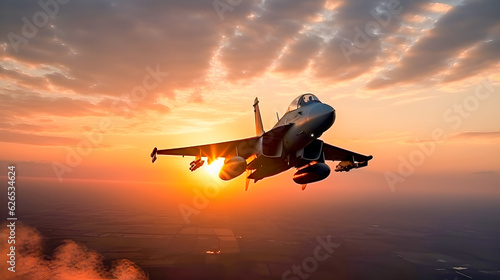 Fotografija flying over the cities at sunset jet fighter f16 with great speed
