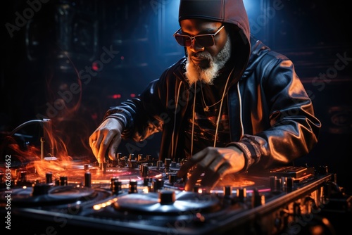 Dj spinning a record playing music, in the style of luminous light effects, created with generative ai