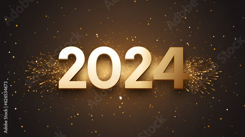 2024 new year Holiday greeting card with golden numbers 2024 on brown background with fireworks and golden bokeh.