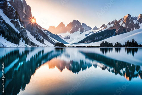 White mountains at background in a lake reflection, calm concept