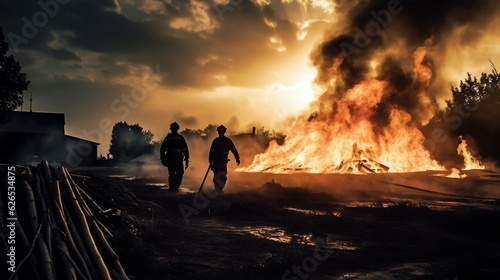 Silhouette of Firemen are fighting a huge fire. Generative AI © Kateryna Kordubailo