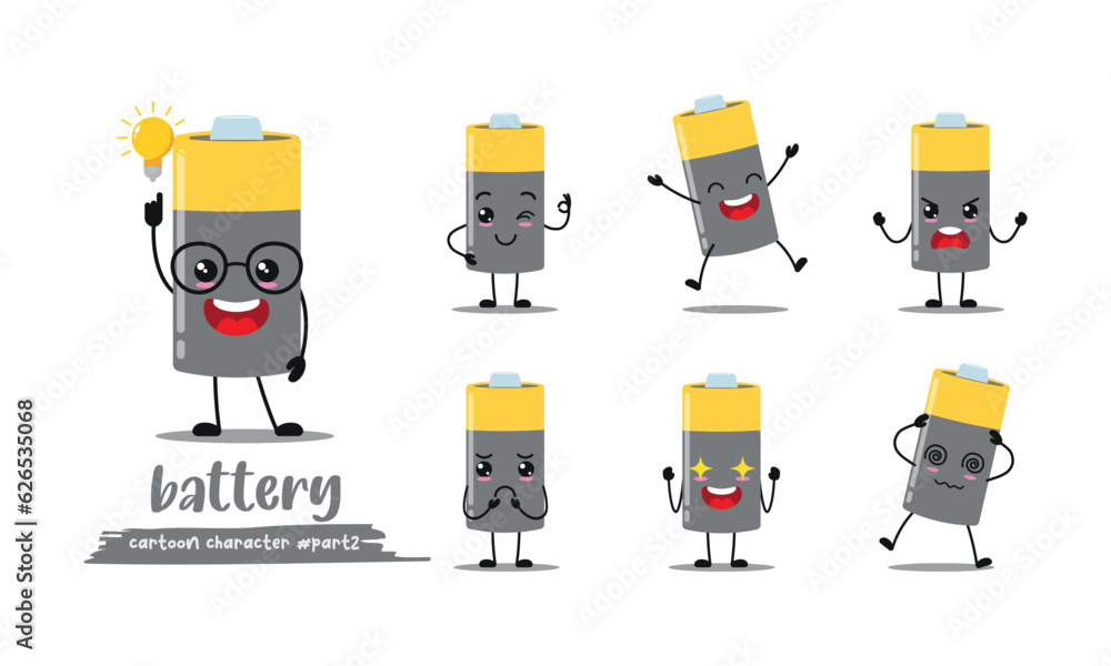 cute battery with many expressions. different activity pose vector illustration flat design set. - obrazy, fototapety, plakaty 