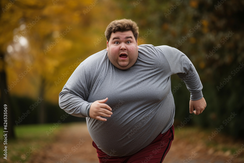 Overweight man running and jogging outdoors at dawn