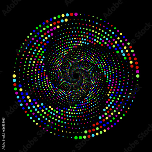 Colorful dotted spiral vortex circle with 3d backdrop isolated on black background. Circular swirl pattern vector illustration.