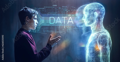 Robotics or ai artificial intelligence connecting data with human.Chat bot software network.big data and transfer protocol system.Neuralink with smart brain.ai generative technology