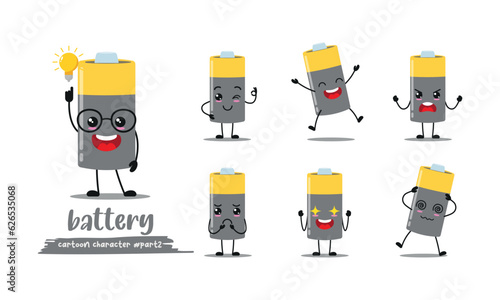 cute battery with many expressions. different activity pose vector illustration flat design set.