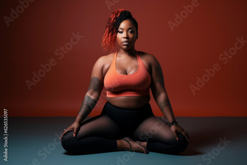 Female curvy black girl wearing sportwear doing yoga
