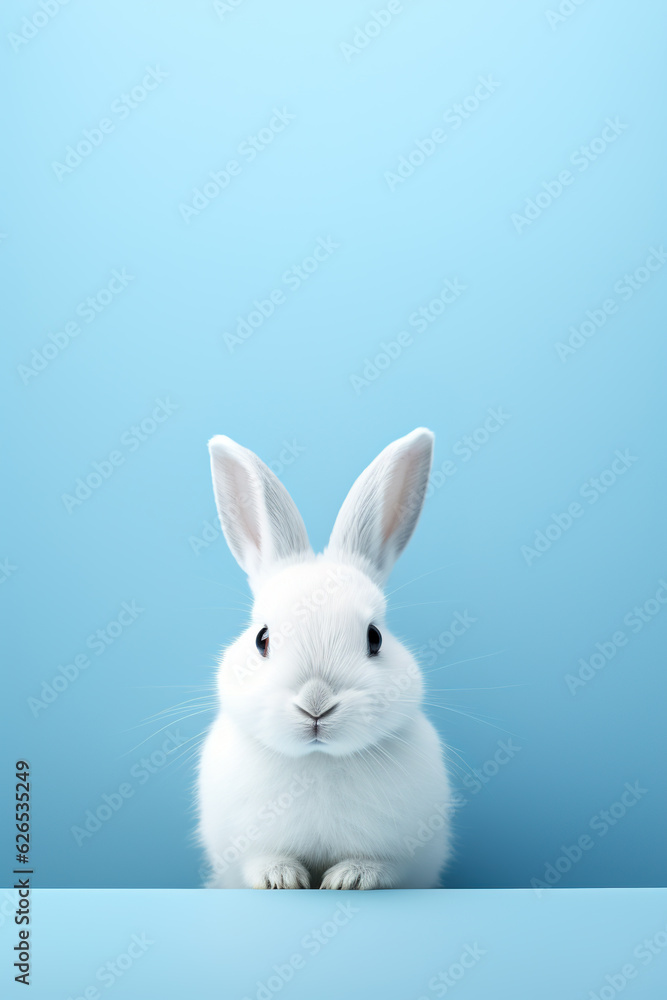 Generative ai: White rabbit on pastel blue background 3d
