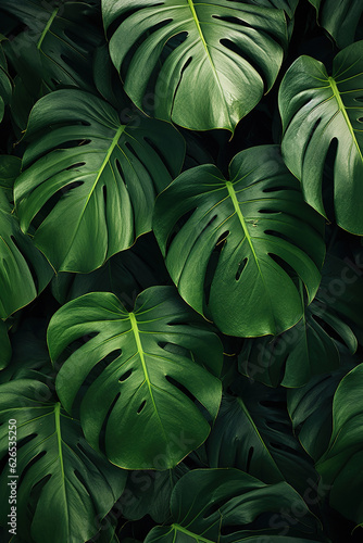 Generative ai: Monstera green leaves or Monstera Deliciosa in dark tones, background or green leafy tropical