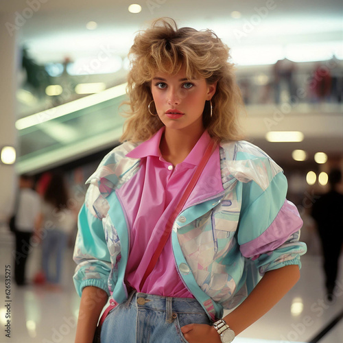 A Retro Photo of a Teen Girl Wearing Eighties Clothing While Standing in a Shopping Mall