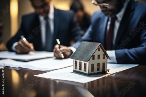 Real estate agent talked about the terms of the home purchase agreement and asked the customer to sign the documents, Home sales and home insurance concept. Made With Generative AI.