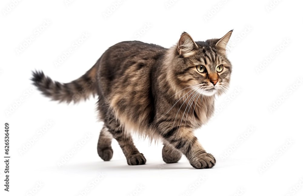 Side view of a cat walking on a white background.