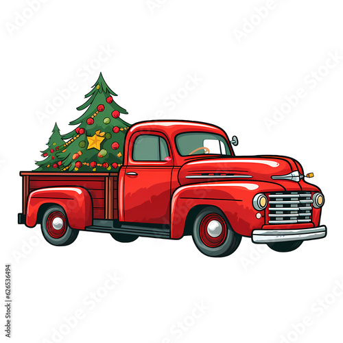 Red Retro Truck With Christmas Tree